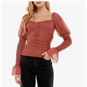 WAYF Women’s S Mauve Gold Shimmer Ruched Puff Sleeve Smocked Cropped Top Blouse